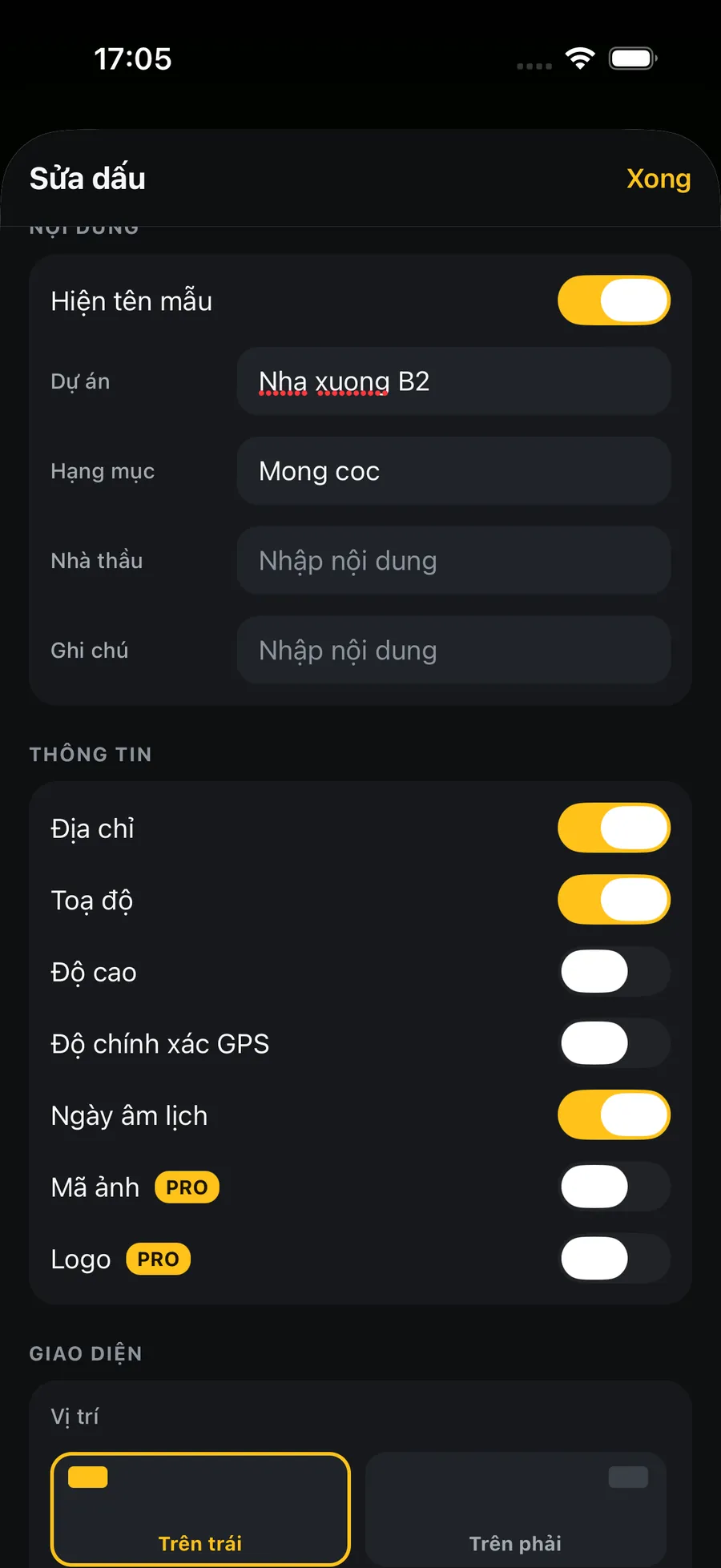 Bảng Sửa dấu trong Stampzy: các công tắc Địa chỉ, Toạ độ, Độ cao, Độ chính xác GPS, Ngày âm lịch đang bật, Mã ảnh và Logo có nhãn PRO