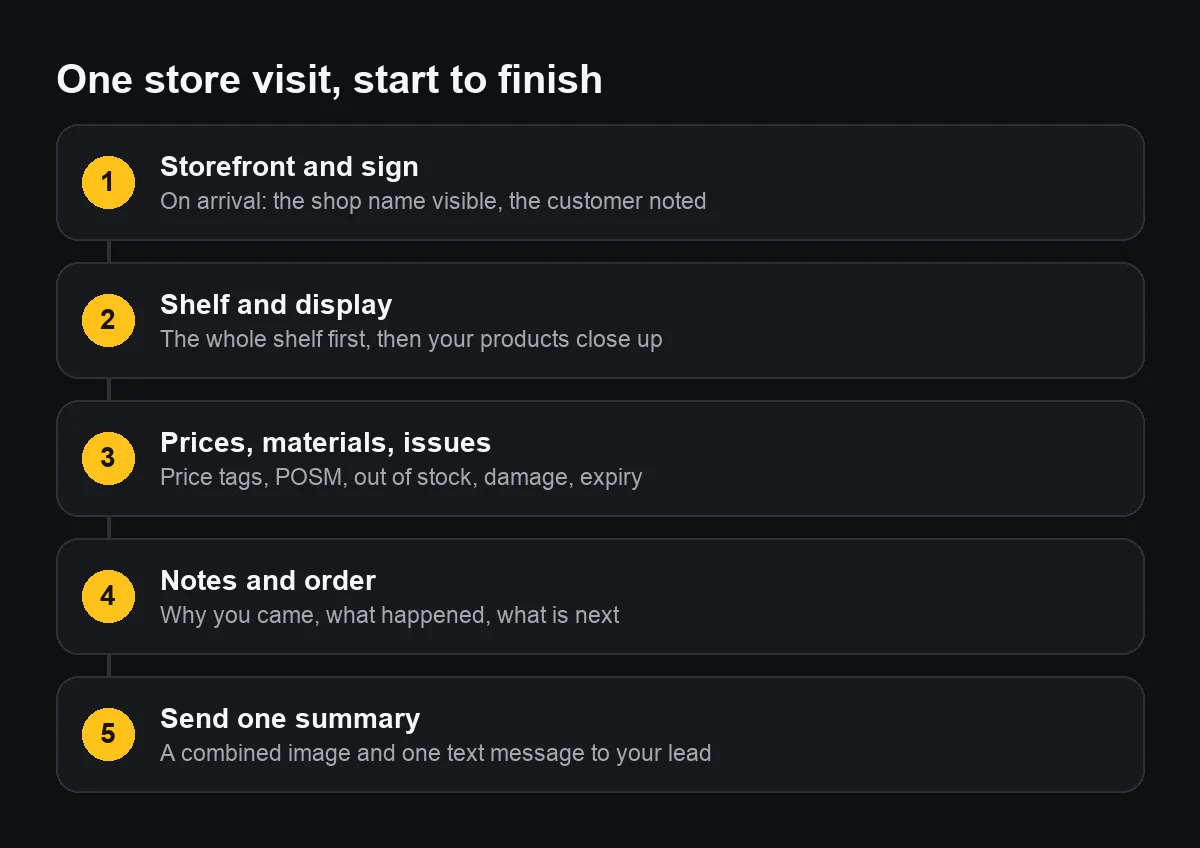 Five-step diagram of one store visit: storefront, shelf and display, prices and issues, notes and order, send one summary