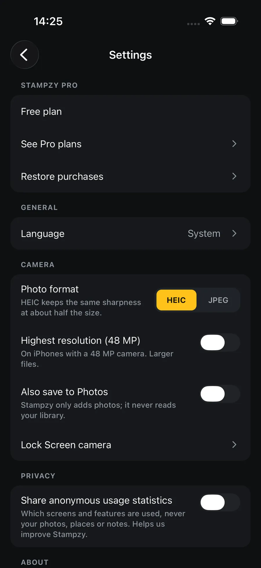 Stampzy's Settings screen with the Lock Screen camera row, the HEIC or JPEG photo format and Also save to Photos