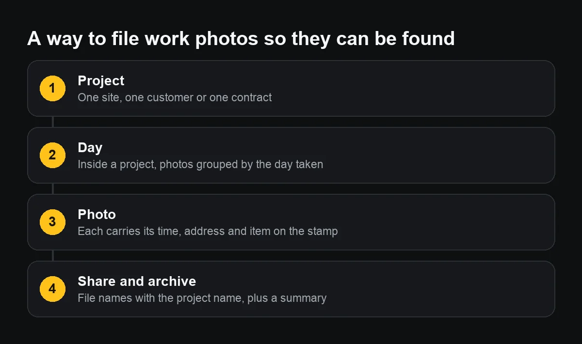 Four-level diagram for filing work photos: project, day, each stamped photo, and sharing or archiving with file names and a summary