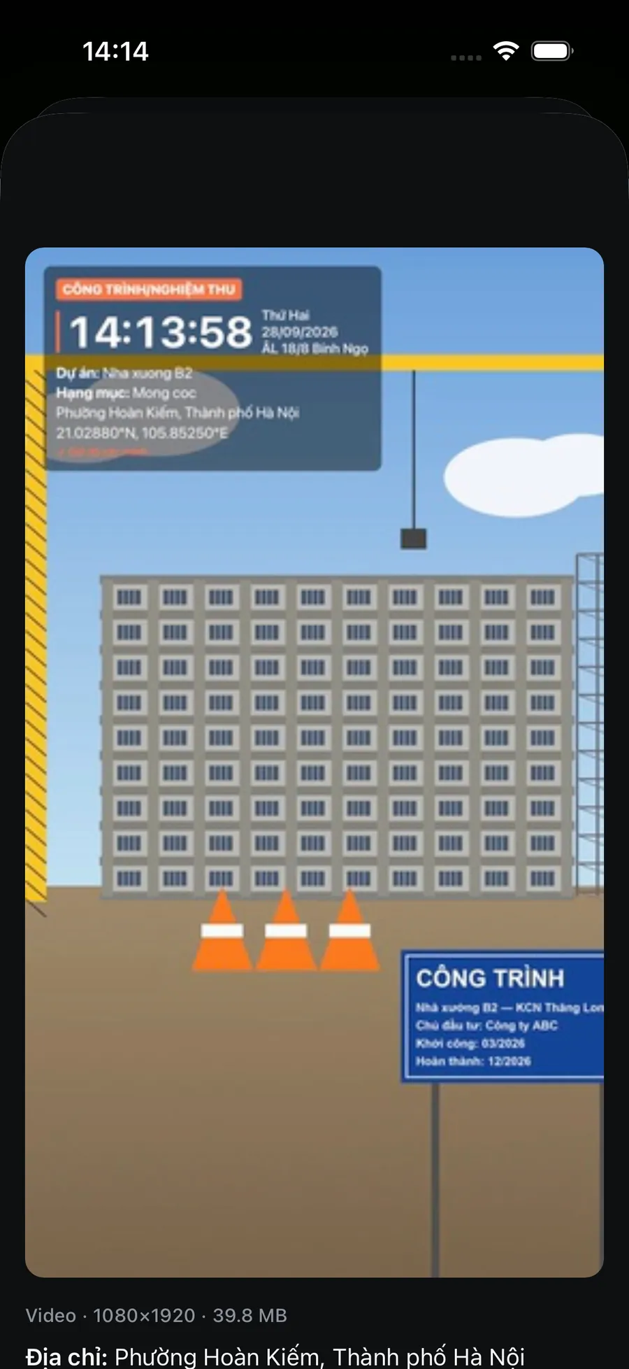 Màn hình xem lại video có dấu trong Stampzy, ghi Video 1080×1920, 39,8 MB và địa chỉ Phường Hoàn Kiếm, Thành phố Hà Nội