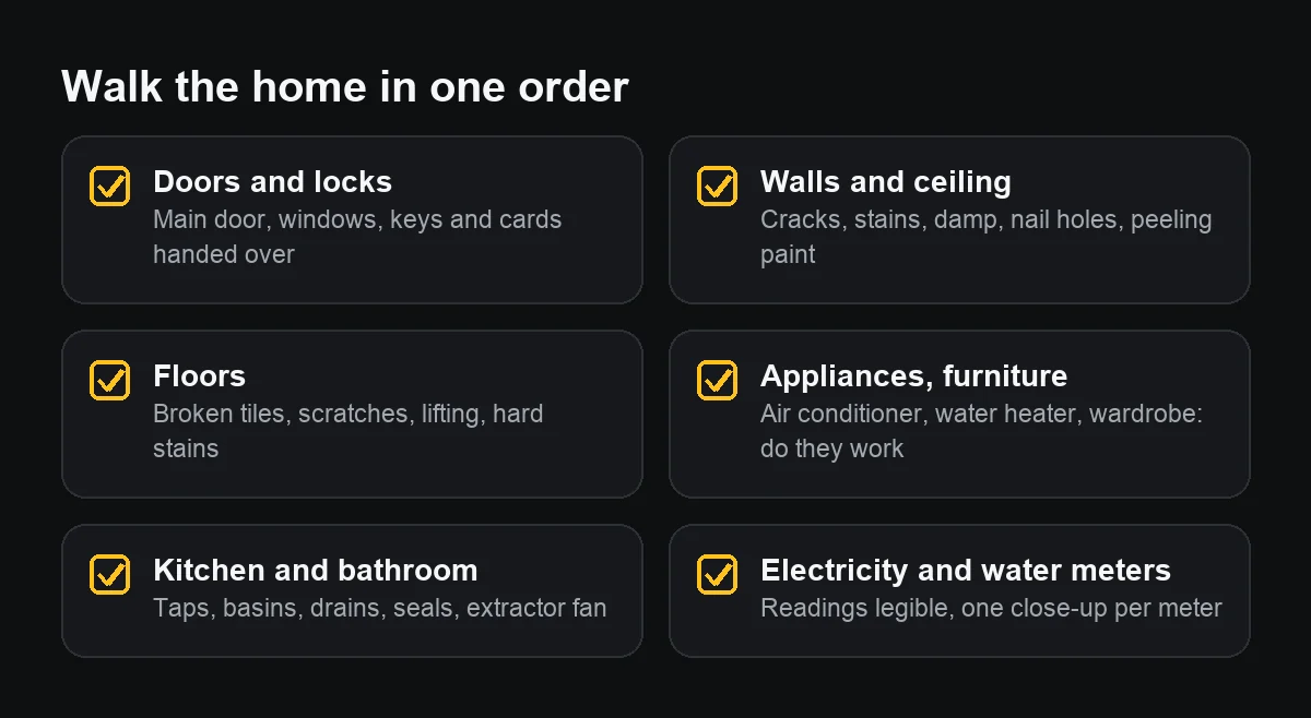 Diagram of the six areas to photograph at move-in: doors and locks, walls and ceiling, floors, appliances and furniture, kitchen and bathroom, meters