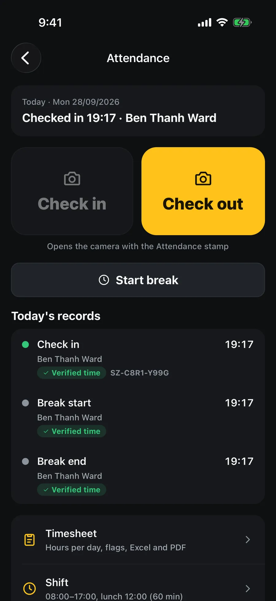 The Attendance screen: checked in at Ben Thanh Ward, the Check out button, a break and today's records with Verified time