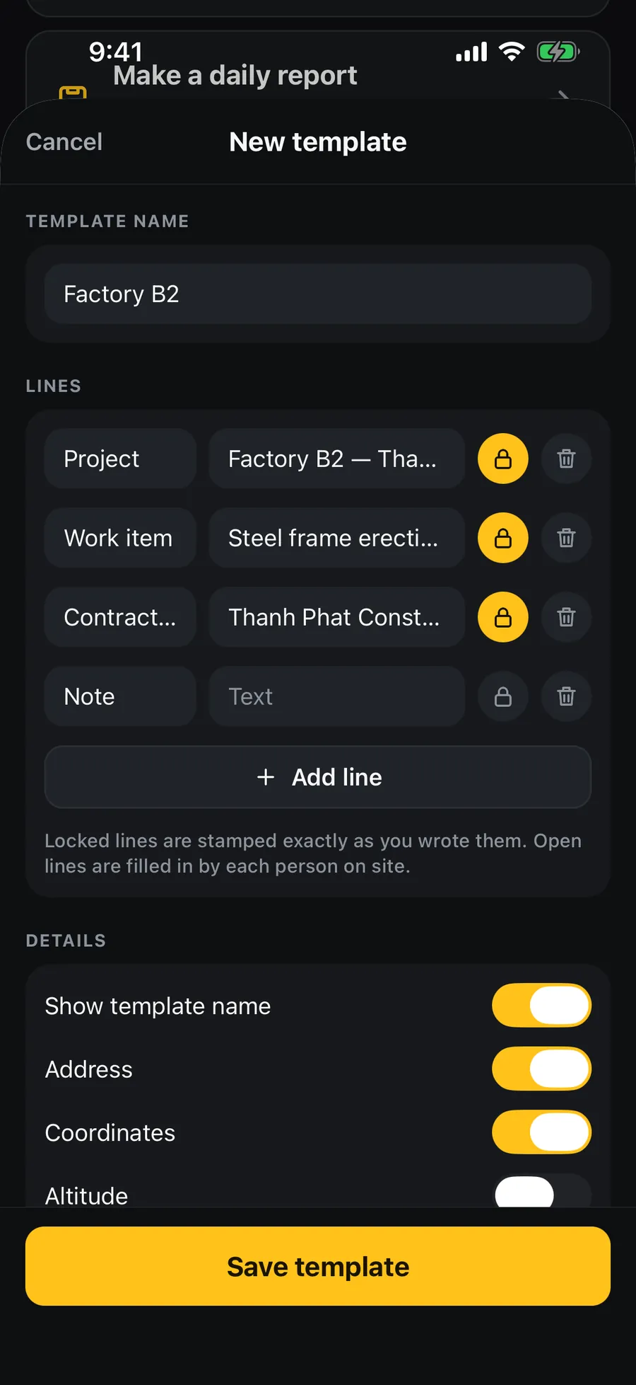 The My templates editor: a template named Factory B2 with lines locked for the whole crew and open lines for each person
