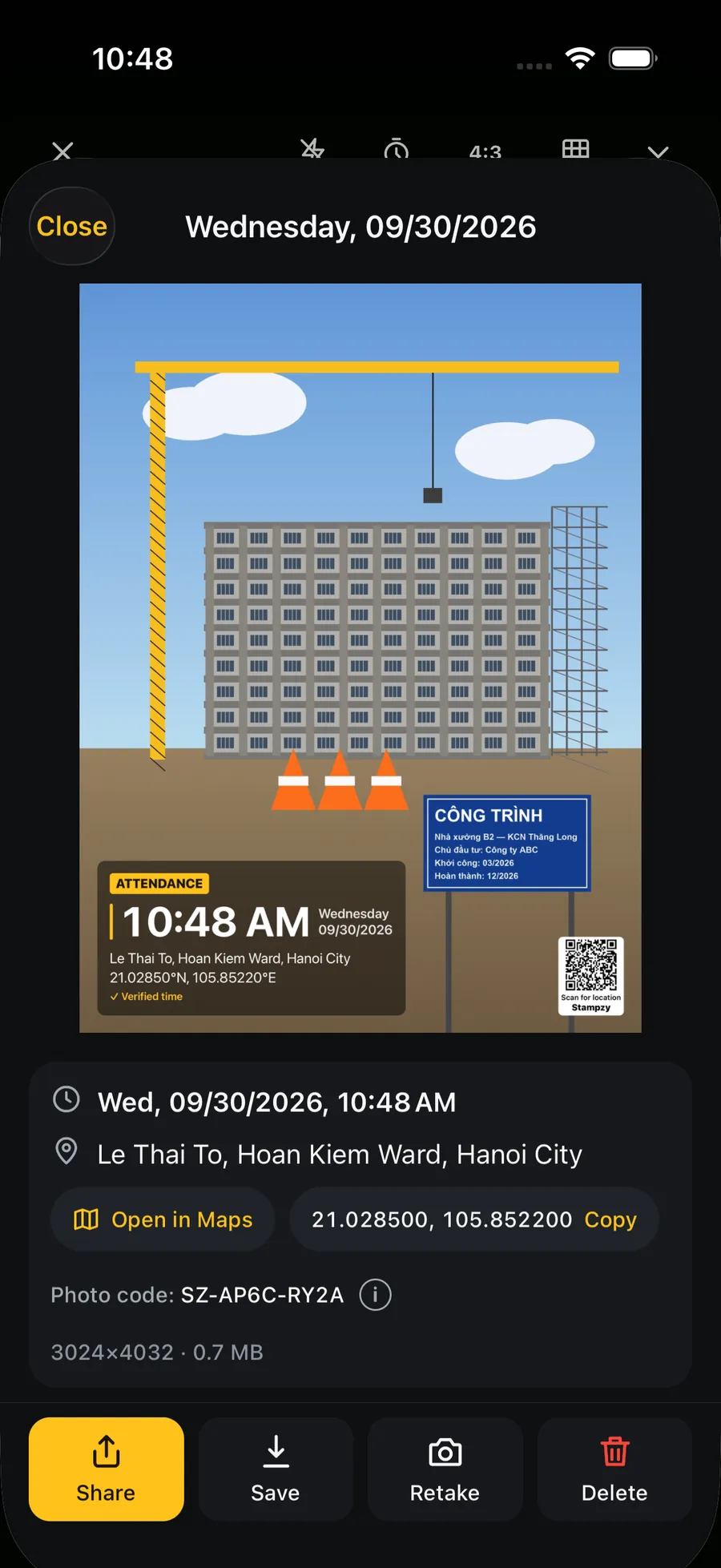 The photo viewer: Wednesday, 09/30/2026, the photo with its stamp and location QR, the time, Le Thai To, Hoan Kiem Ward, Hanoi City, Open in Maps, the coordinates with Copy, the photo code and Share, Save, Retake, Delete