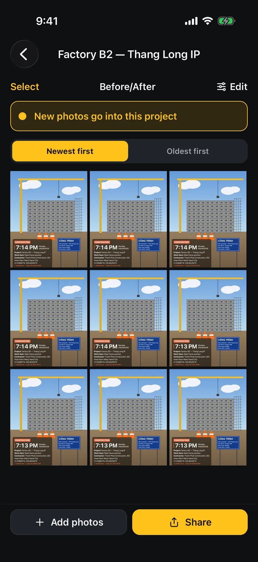 The Factory B2 project with its grid of stamped photos, newest first