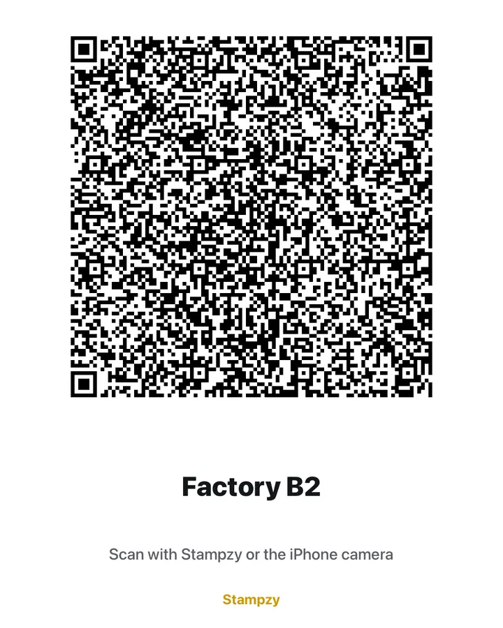 The QR card Stampzy makes for the Factory B2 template, scannable with Stampzy or the iPhone camera