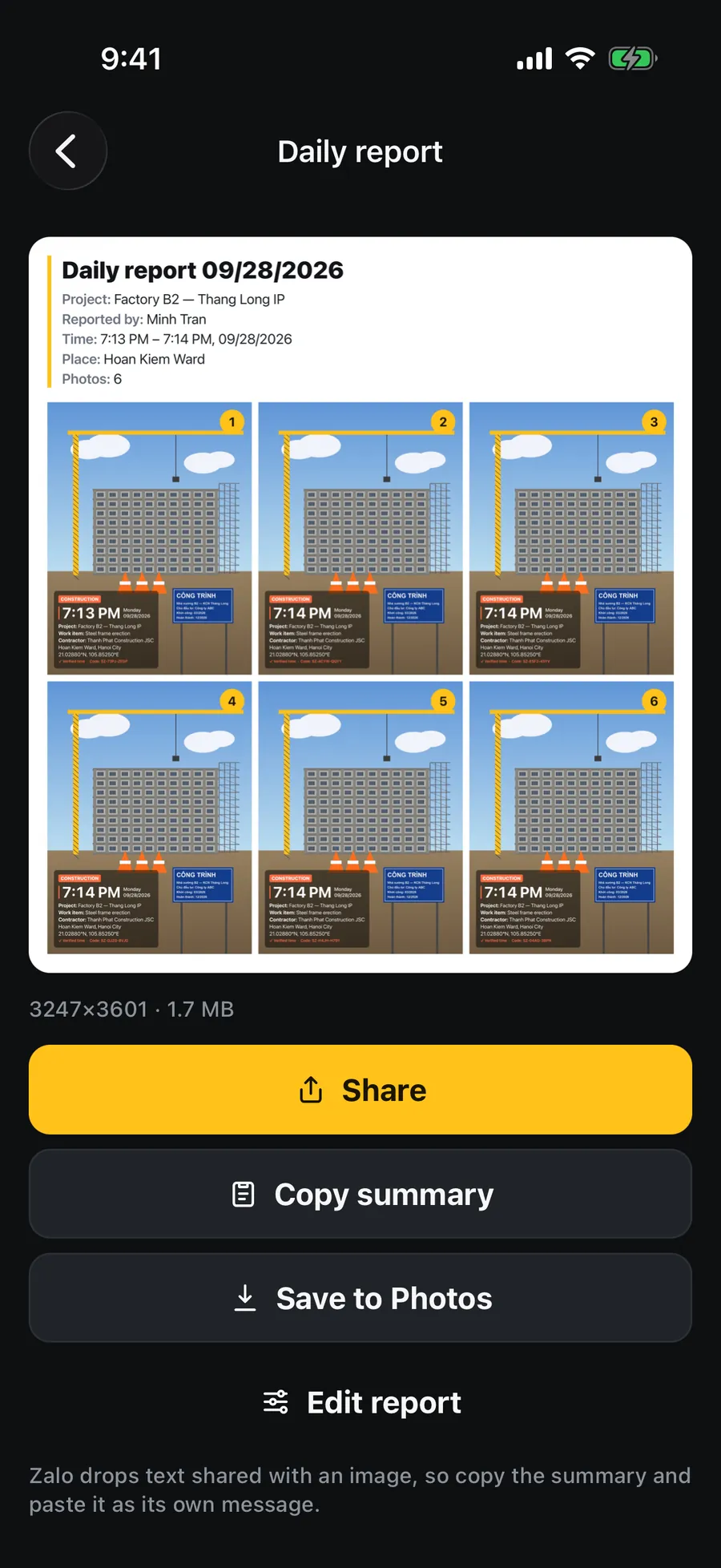 Preview of a daily report as a 6-photo image, with the title, project, reporter and place