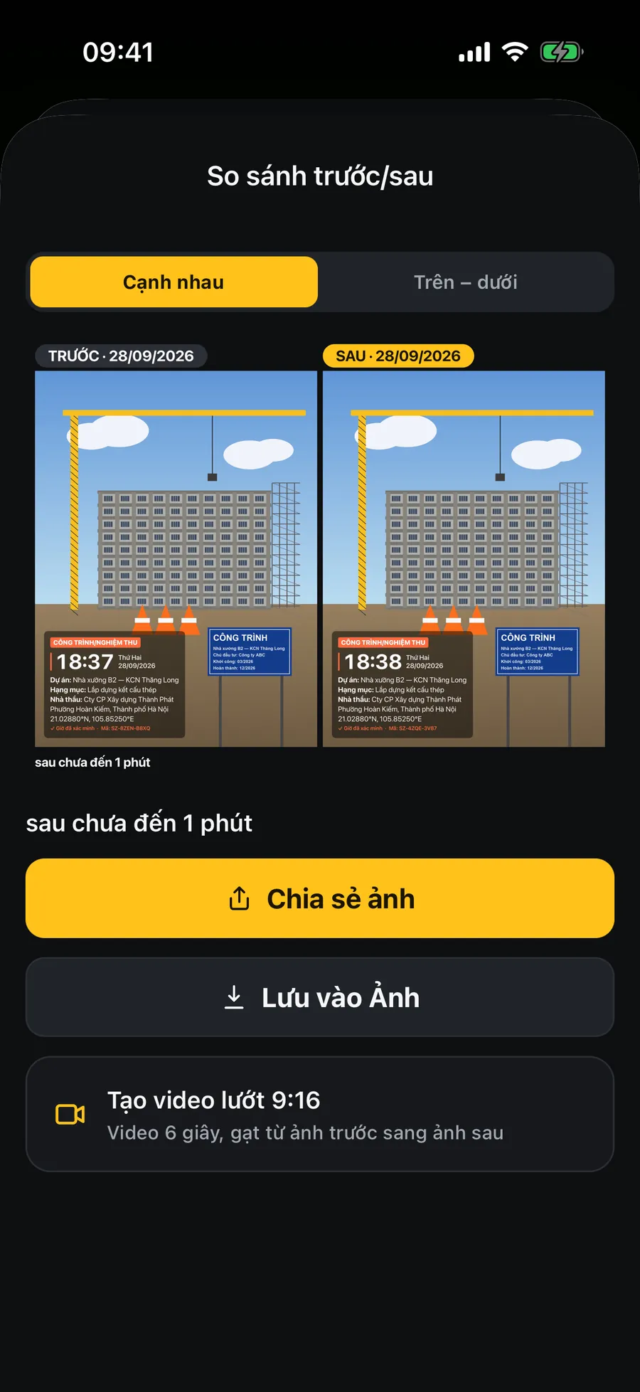 Ảnh trước/sau ghép cạnh nhau, có nút chia sẻ, lưu và tạo video lướt