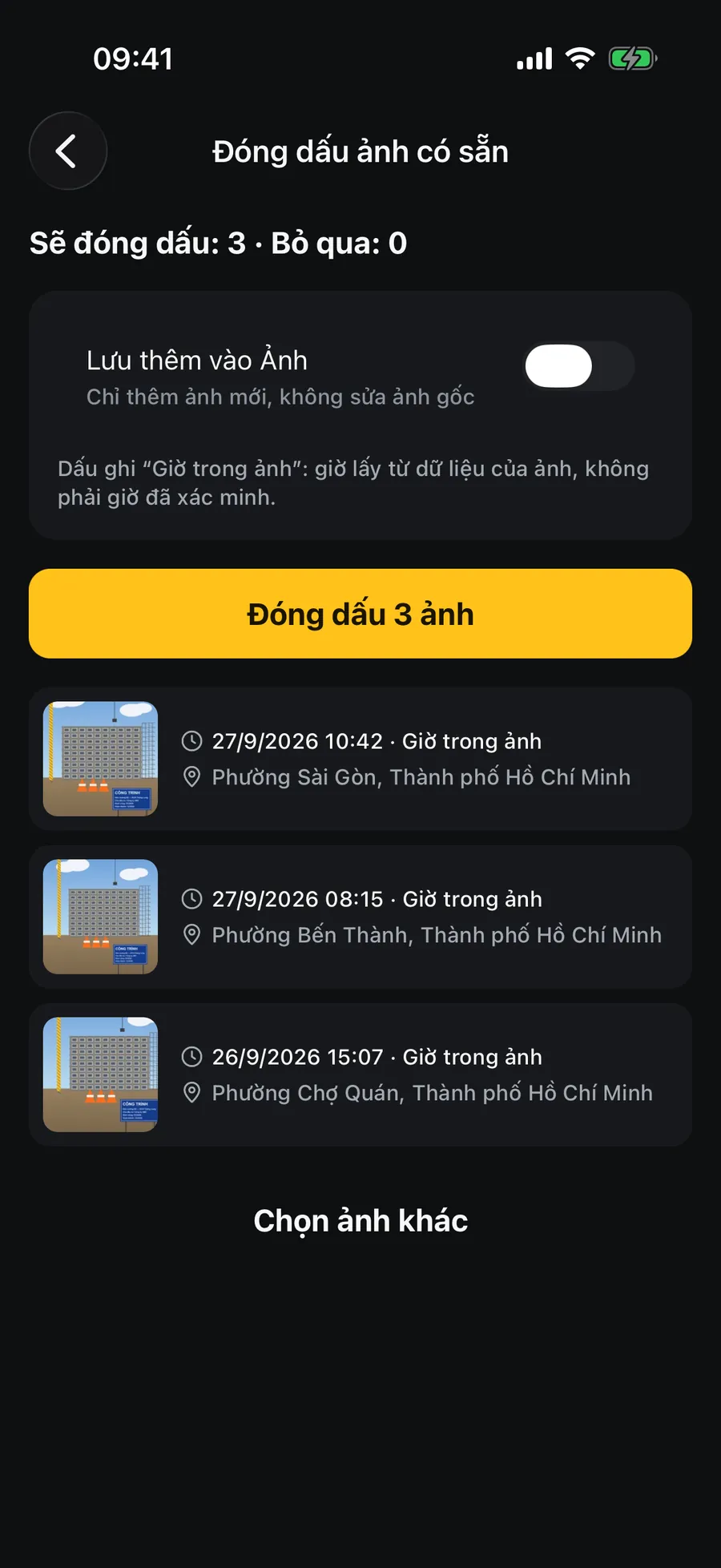 Đóng dấu ảnh có sẵn: 3 ảnh với giờ và phường đọc từ dữ liệu trong ảnh, ghi rõ Giờ trong ảnh