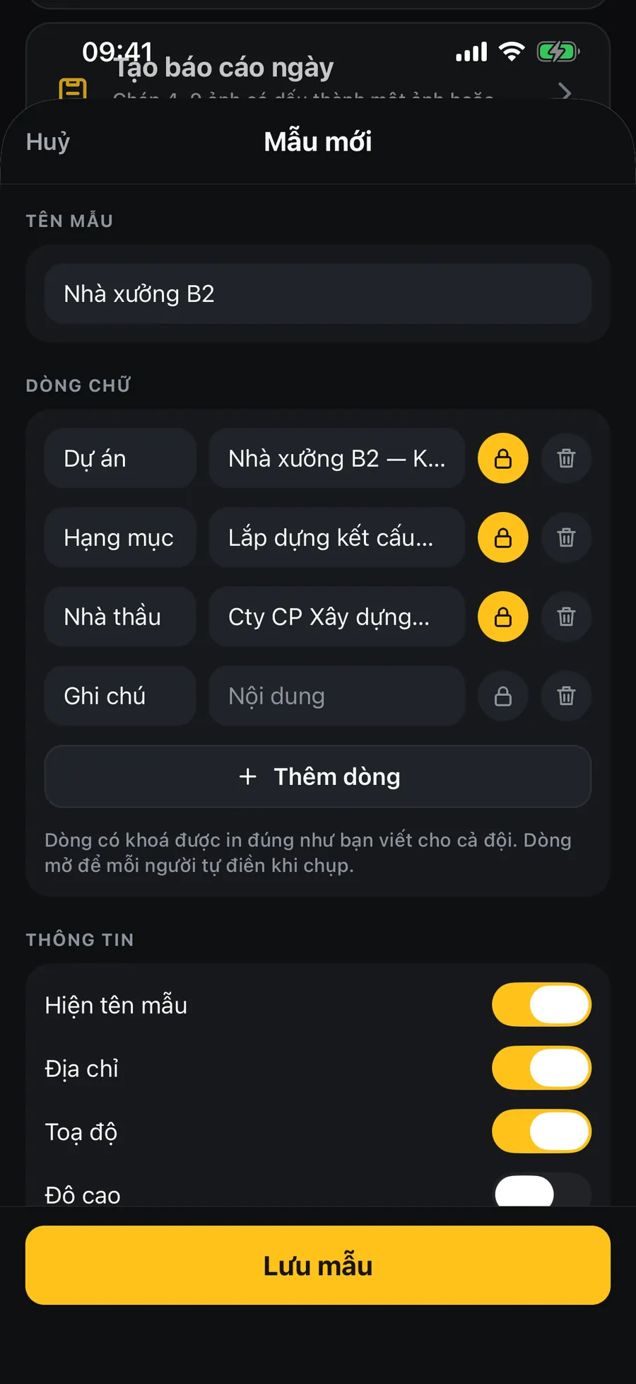Trình tạo Mẫu của tôi: tên mẫu Nhà xưởng B2, các dòng có khoá cho cả đội và dòng để trống cho từng người