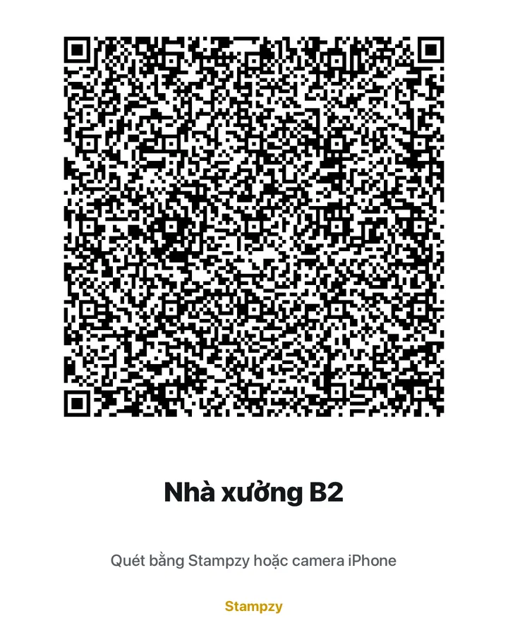 Thẻ QR của mẫu Nhà xưởng B2 do Stampzy tạo, quét bằng Stampzy hoặc camera iPhone