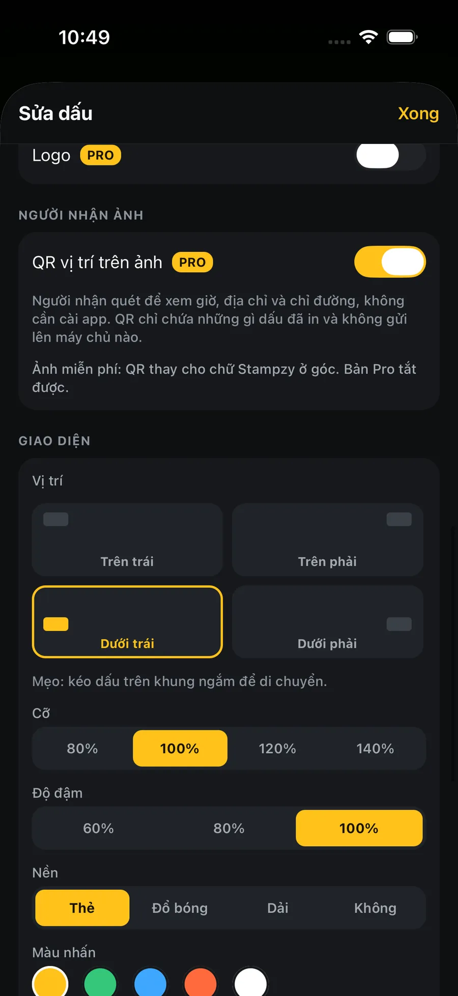 Mục Người nhận ảnh trong Sửa dấu: công tắc QR vị trí trên ảnh, giải thích QR chỉ chứa những gì dấu đã in và thay cho chữ Stampzy trên ảnh miễn phí