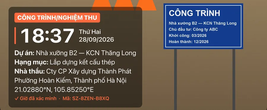 Cận cảnh dấu trên ảnh đã lưu: giờ, dự án, hạng mục, địa chỉ mới, toạ độ, Giờ đã xác minh và mã ảnh