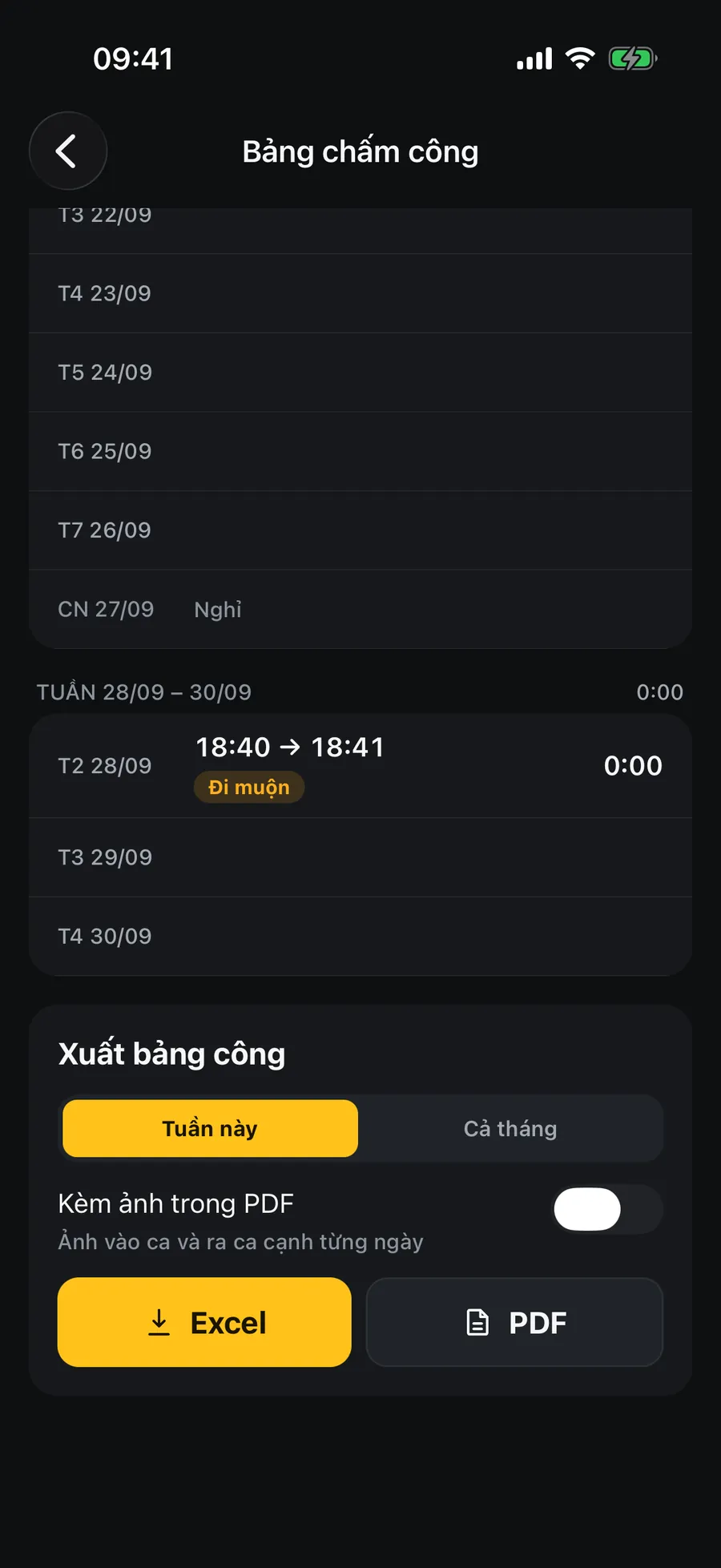 Bảng chấm công tháng 09/2026: ngày 28/09 với giờ vào, ra và phần Xuất bảng công ra Excel hoặc PDF