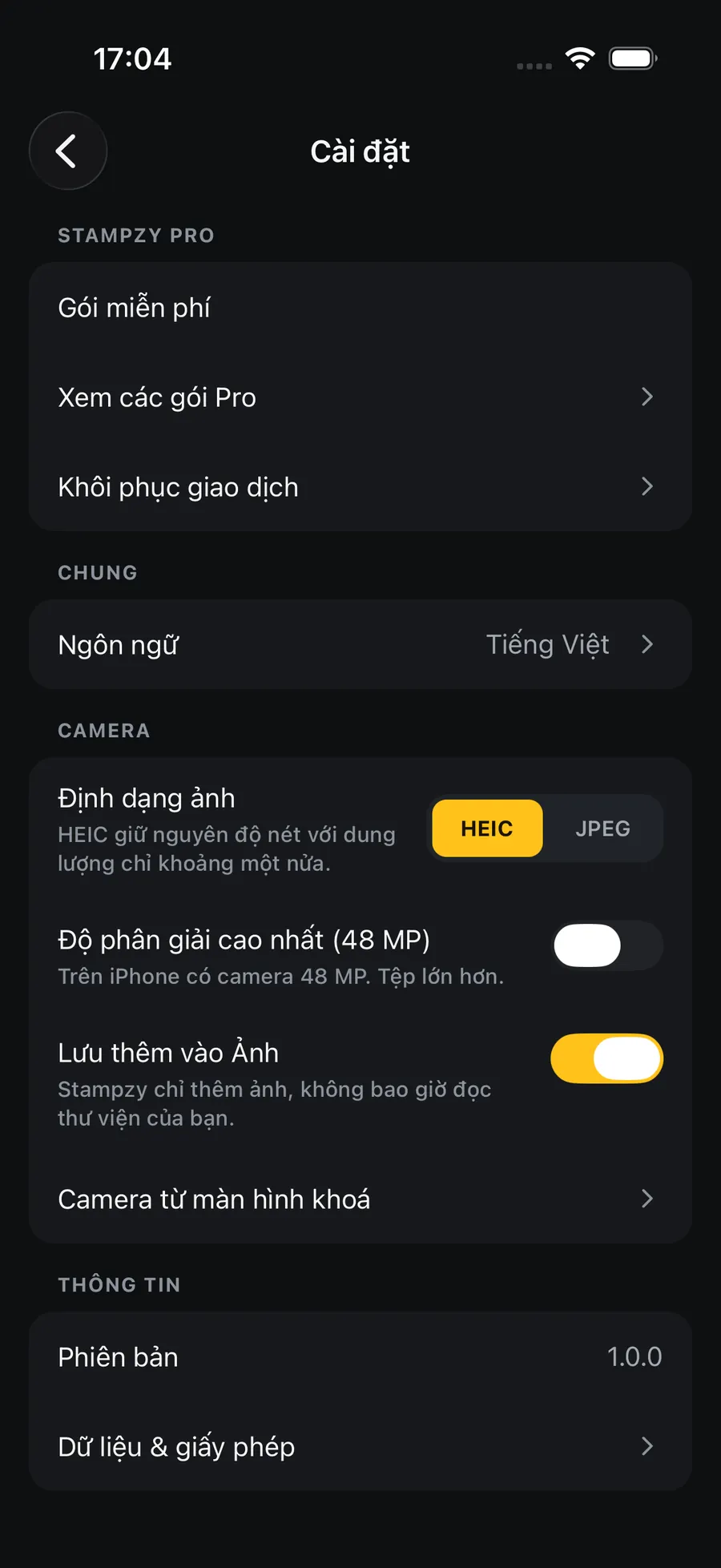Màn hình Cài đặt của Stampzy: Định dạng ảnh chọn HEIC hoặc JPEG, Độ phân giải cao nhất 48 MP, Lưu thêm vào Ảnh, Camera từ màn hình khoá